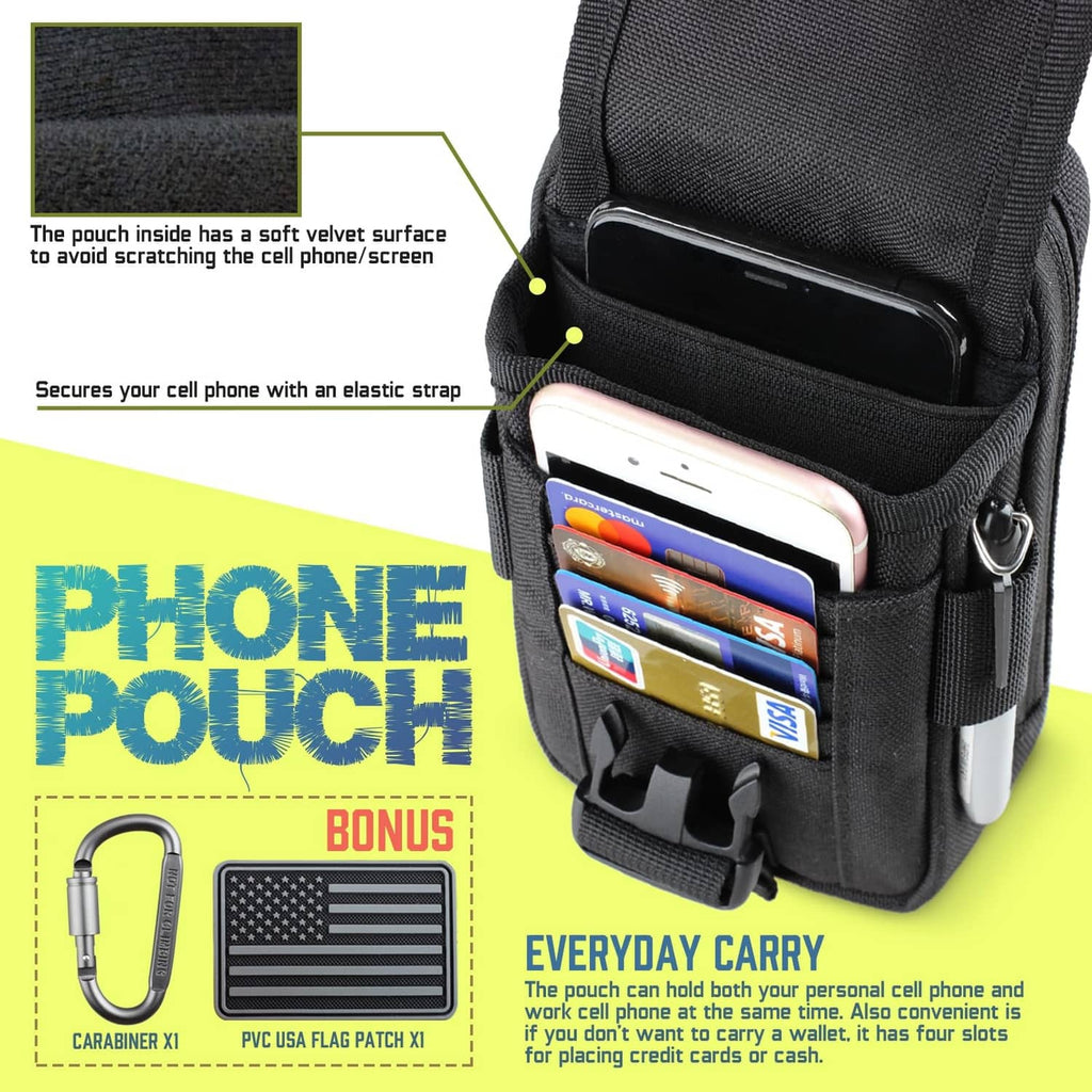 Black phone pouch with soft interior and elastic strap for secure cell phone holding