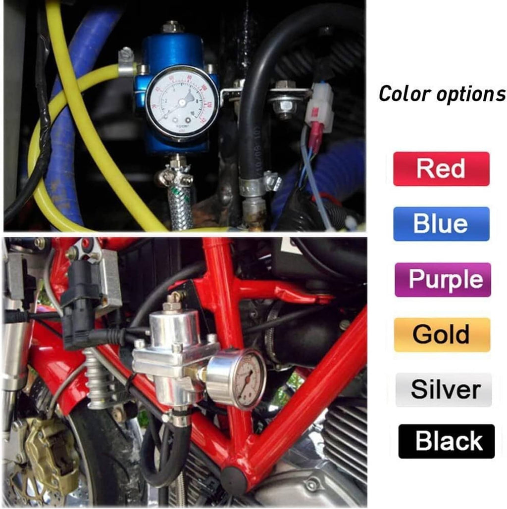 Red fuel pressure regulator with analog gauge installed in an engine bay