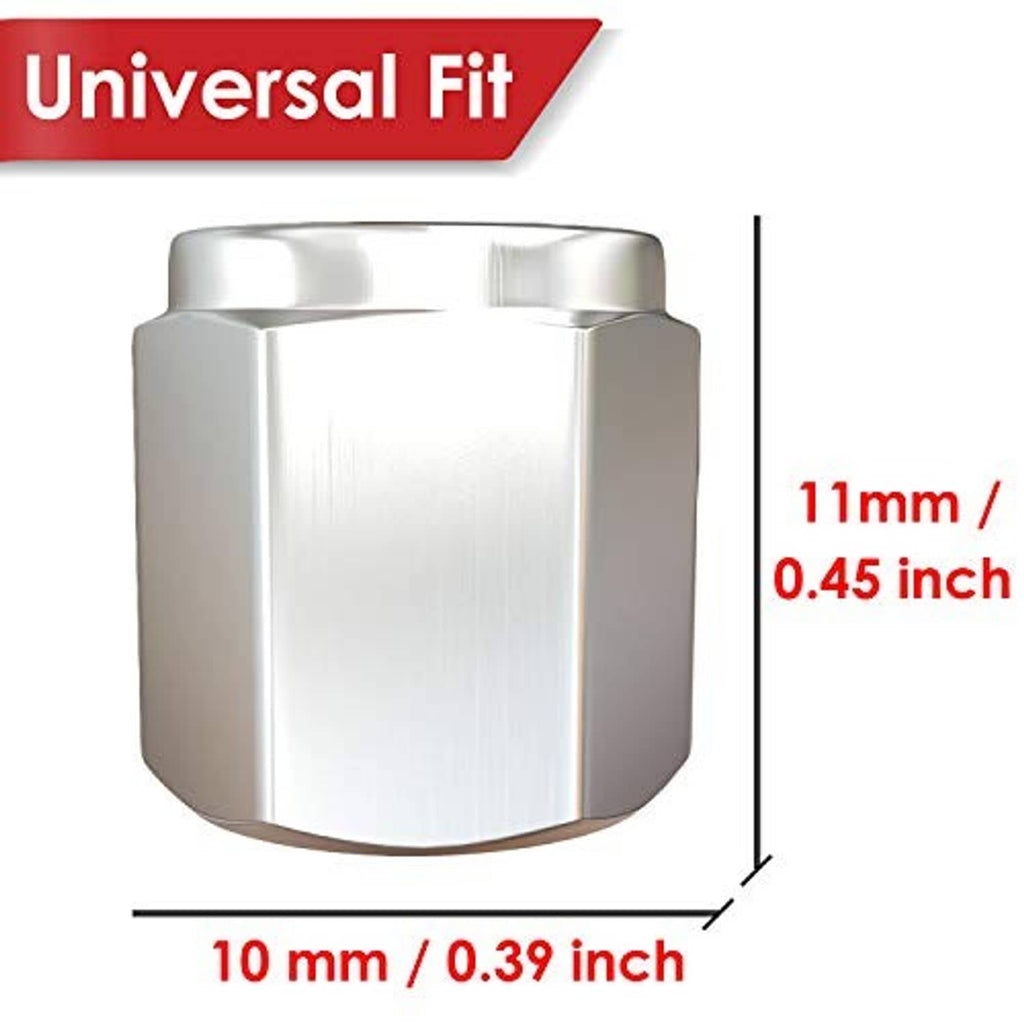 Silver metal tire valve cap with rubber-seal insert, hex side profile.