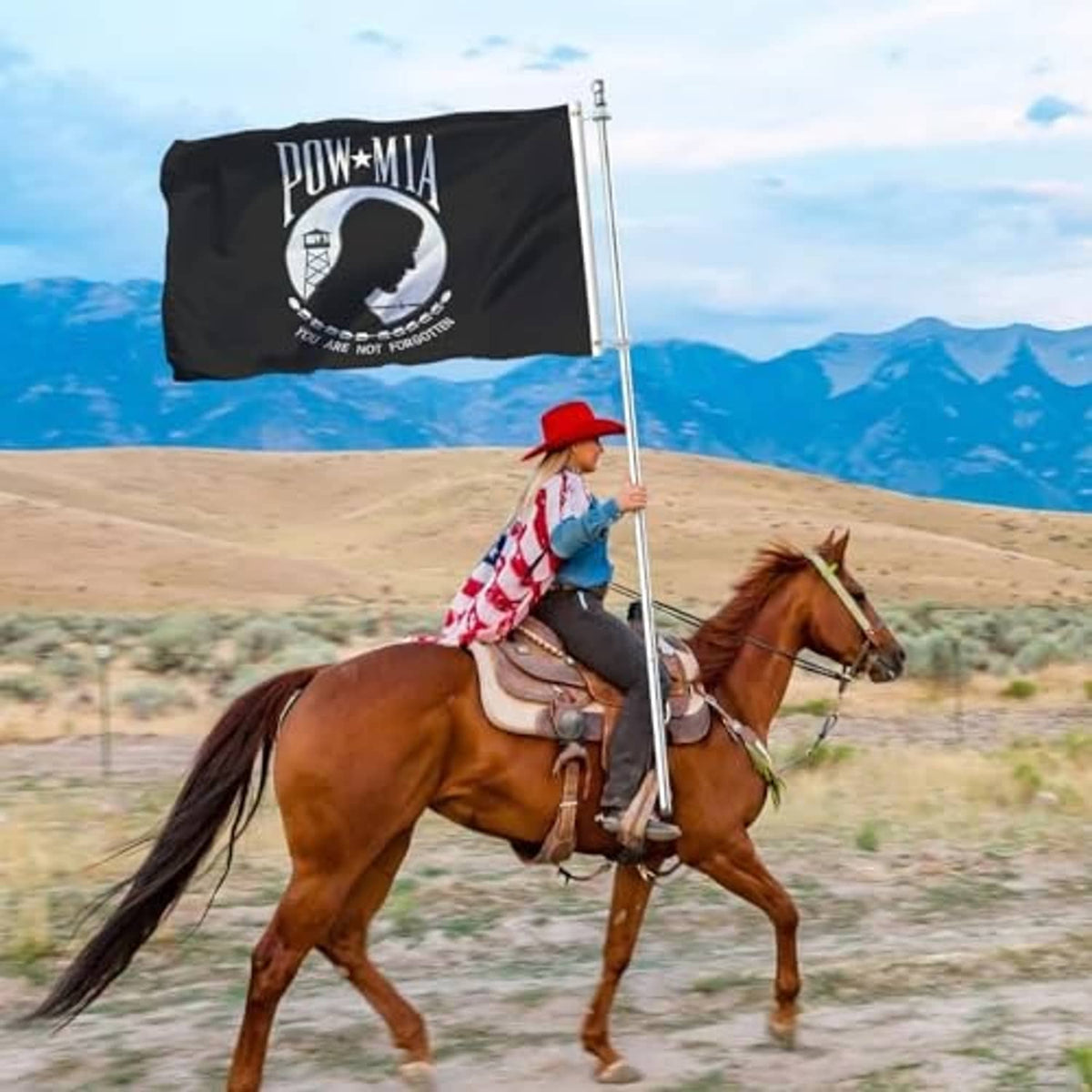 Black POW*MIA yard flag on metal pole, outdoor use
