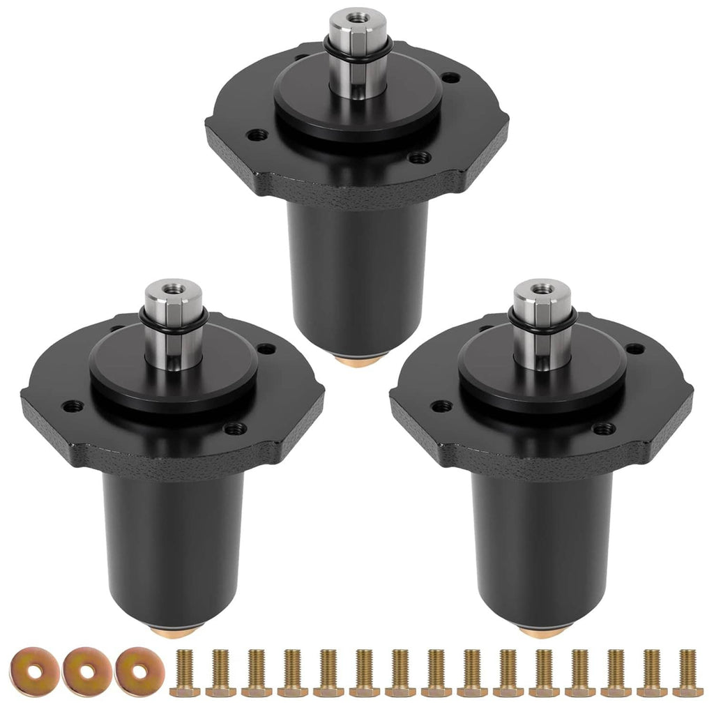 Deck spindle assembly with three black mounting bases and center steel shaft