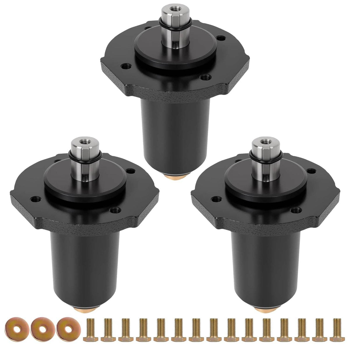 Deck spindle assembly with three black mounting bases and center steel shaft