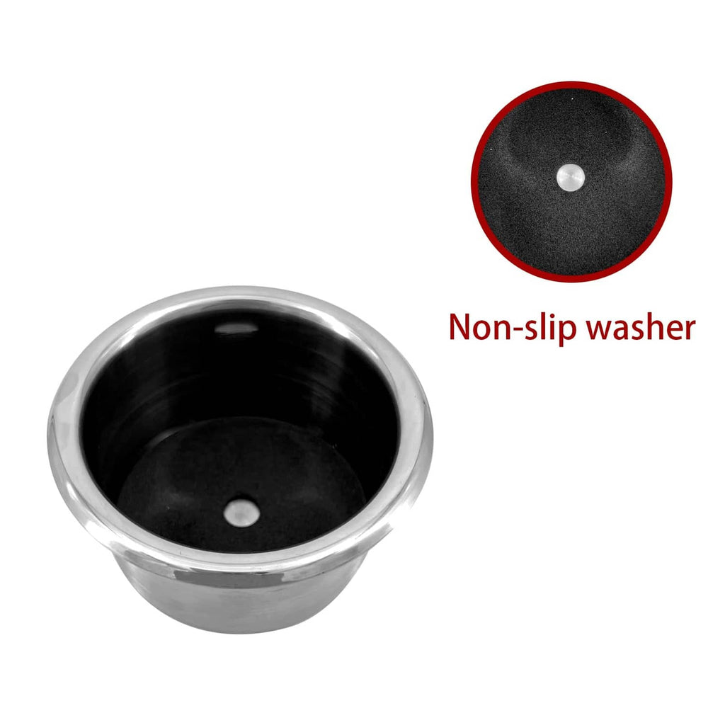 Stainless steel drop-in anti-spill cup with non-slip washer detail