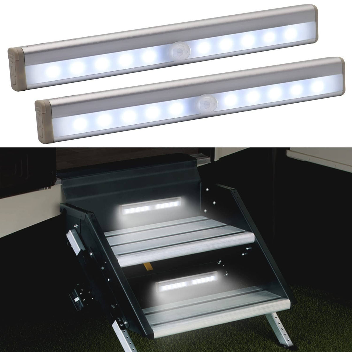 Two long LED light bars with built-in motion sensor, mounted under cabinet shelves