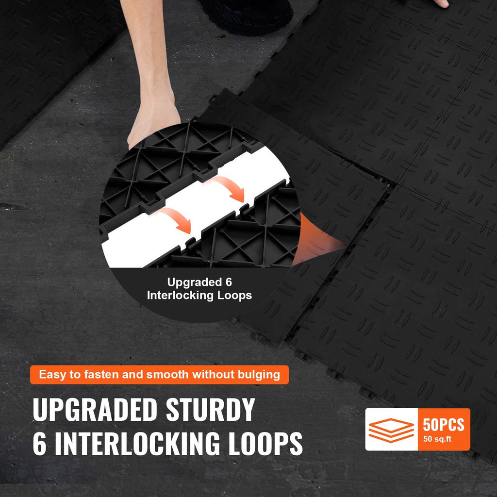 Black interlocking garage floor tile corner showing raised loops and snap-fit channels