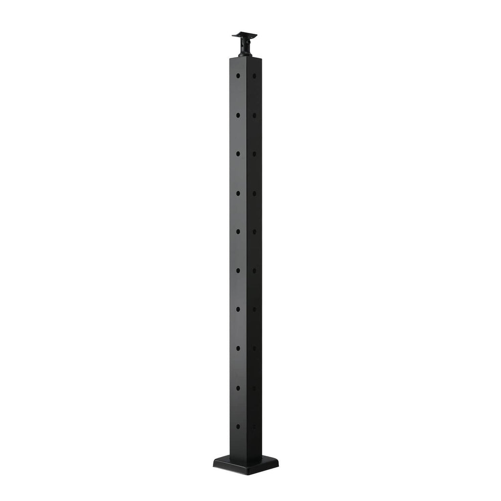 Black cable railing post with evenly spaced drilled holes and square base
