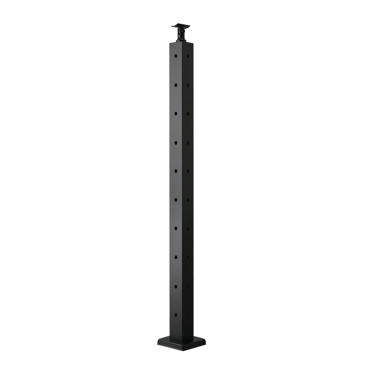 Black cable railing post with evenly spaced drilled holes and square base