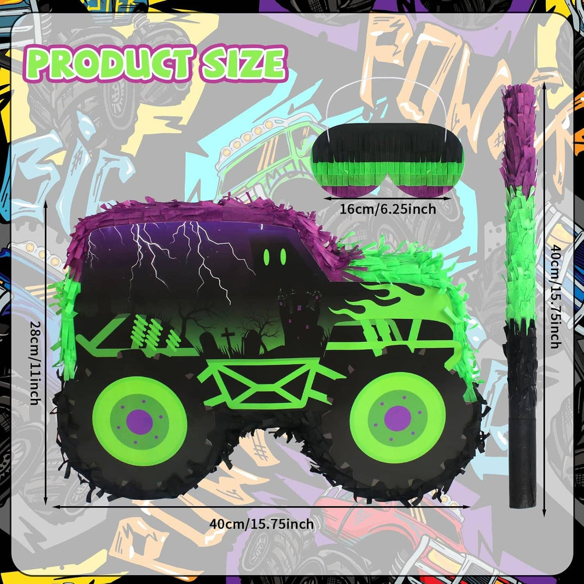 Monster truck piñata in black, green, and purple with included stick
