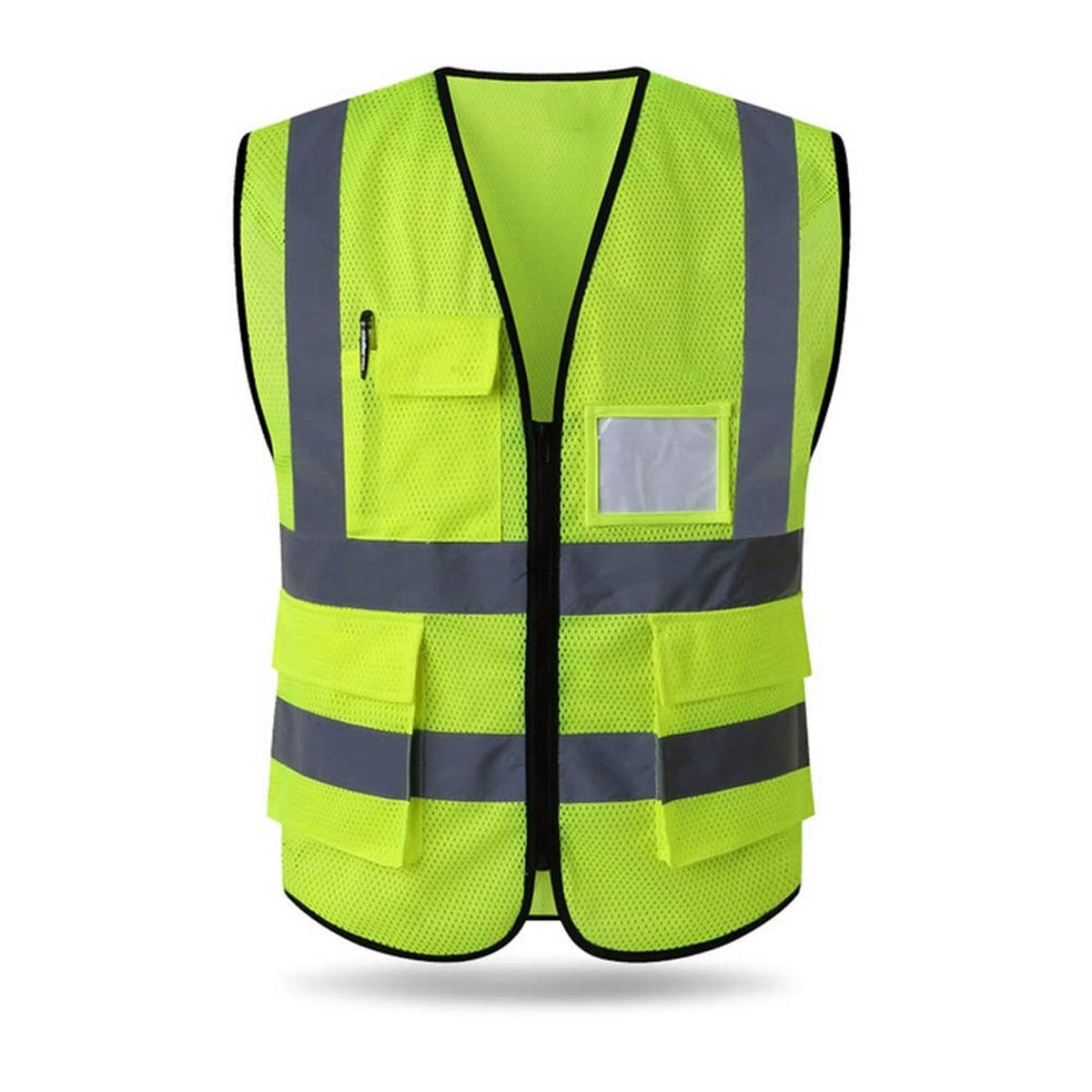 Neon yellow mesh safety vest with silver reflective stripes, front zipper, chest pockets