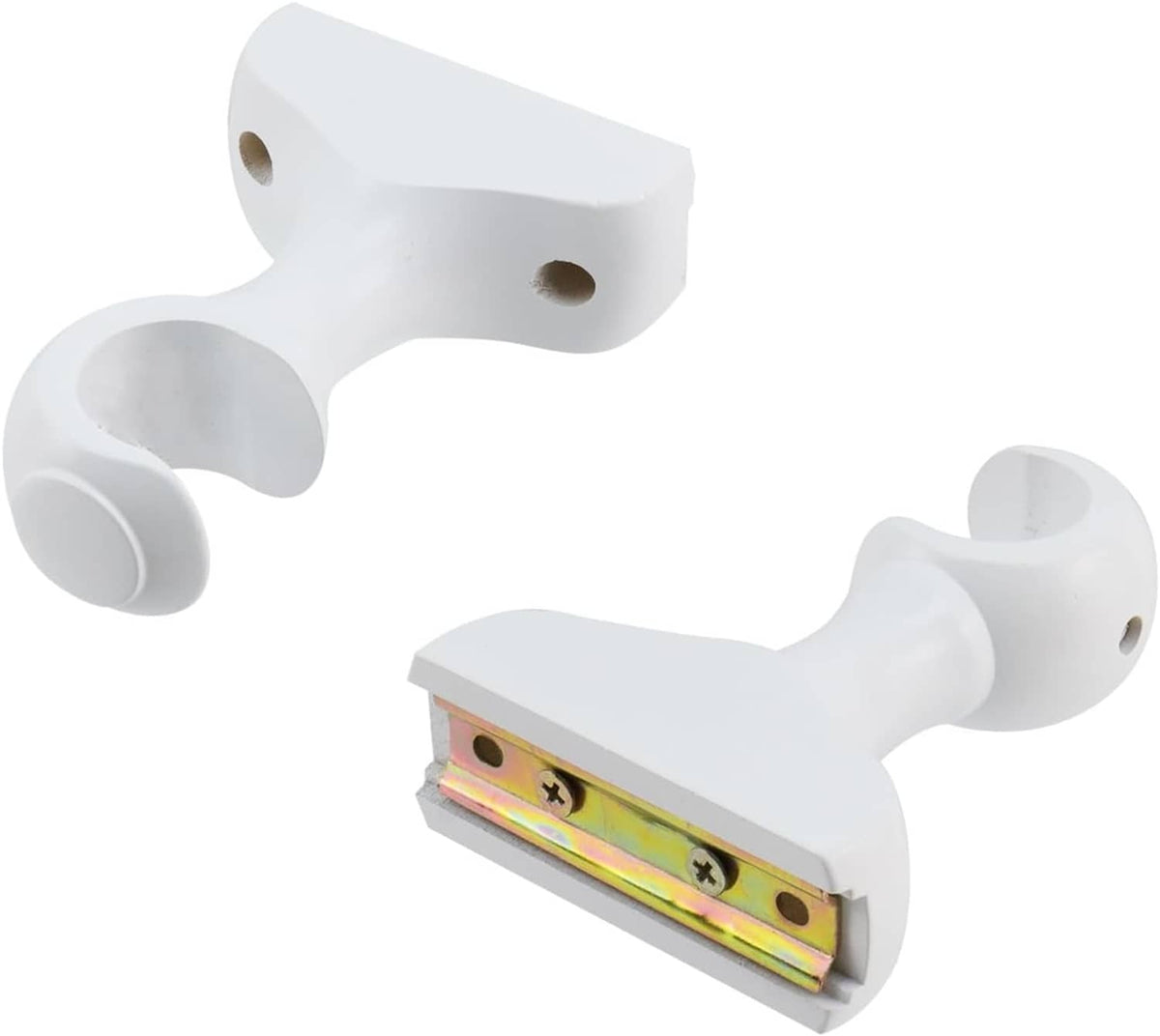 White curtain rod bracket set with screws and hook ends for curtain mounting