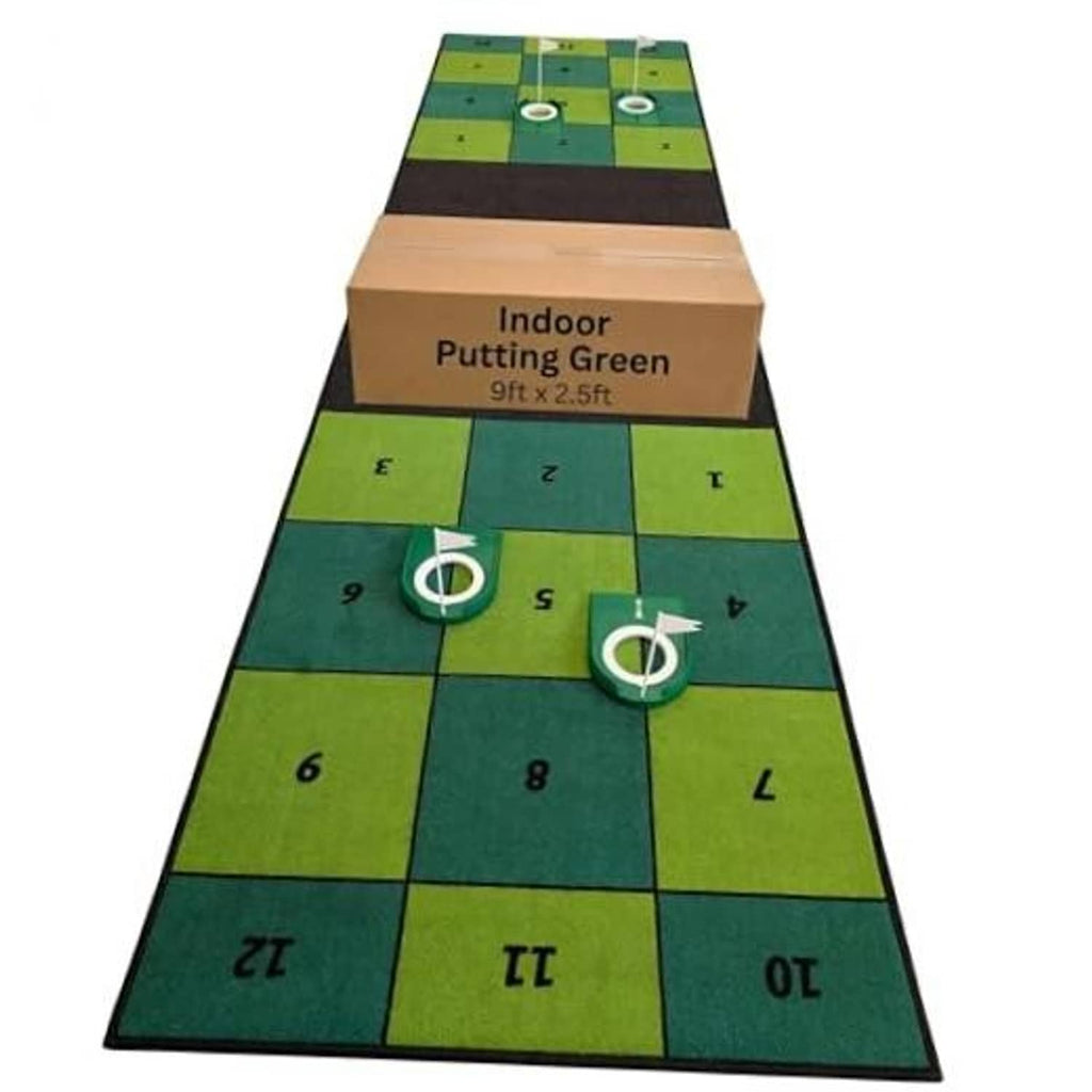 Indoor putting green mat with numbered grid squares and four white target cup holes