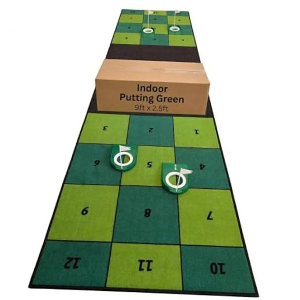 Indoor putting green mat with numbered grid squares and four white target cup holes