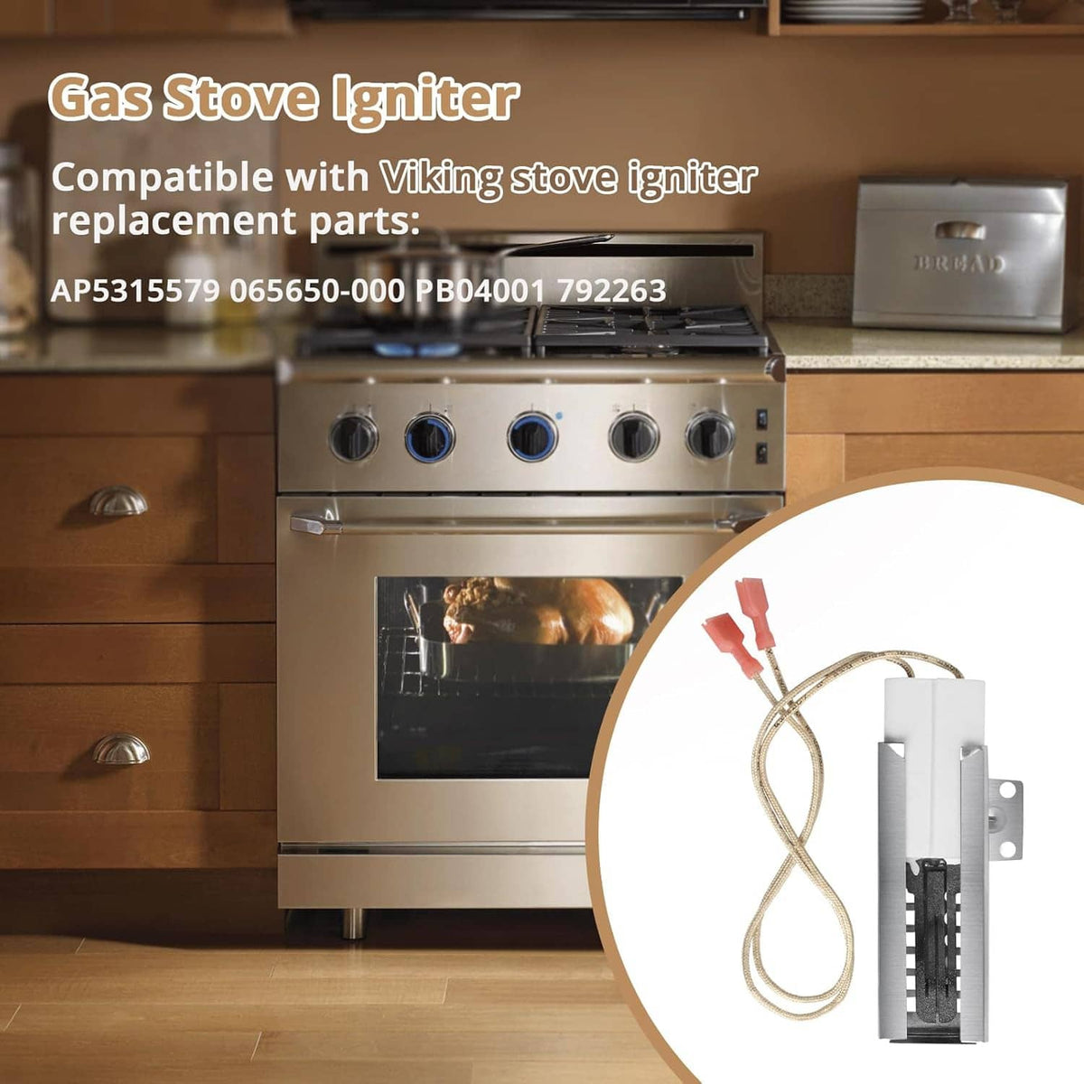Gas stove igniter replacement part with gray igniter module and braided wire with red terminals