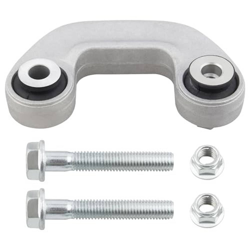 Pair of grey sway bar end links with black rubber bushings and two threaded bolts with nuts