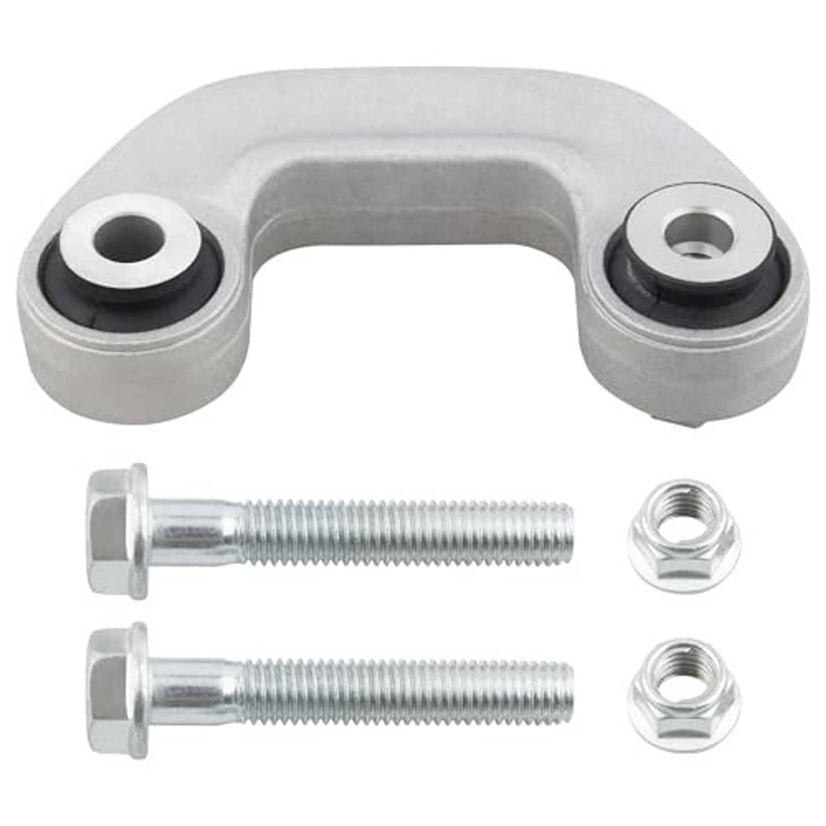 Pair of grey sway bar end links with black rubber bushings and two threaded bolts with nuts
