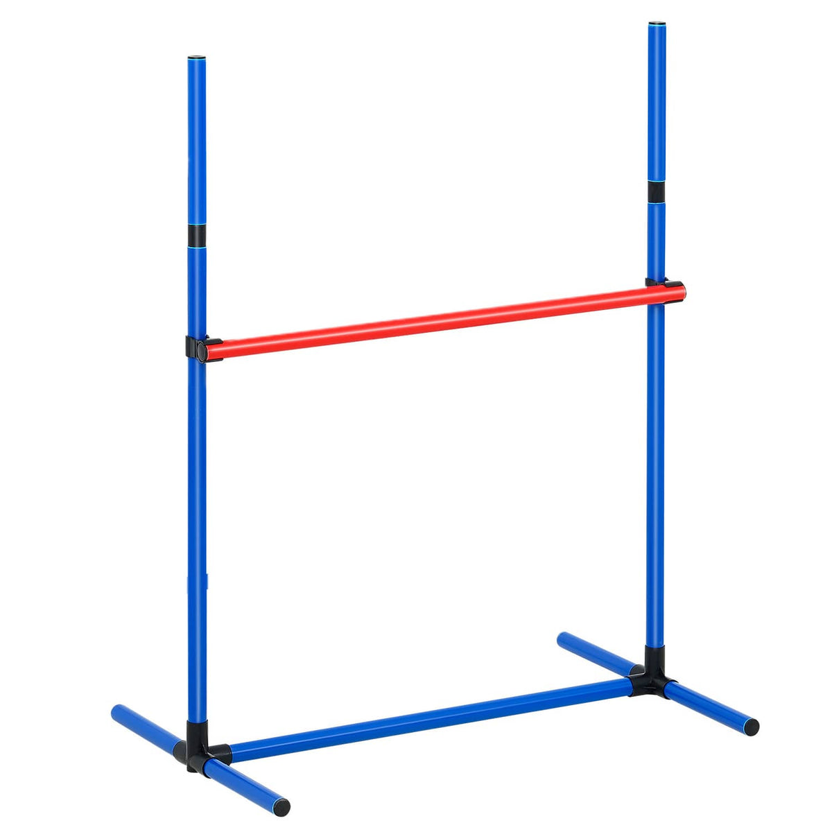 Dog agility jump hurdle with blue frame and red bar
