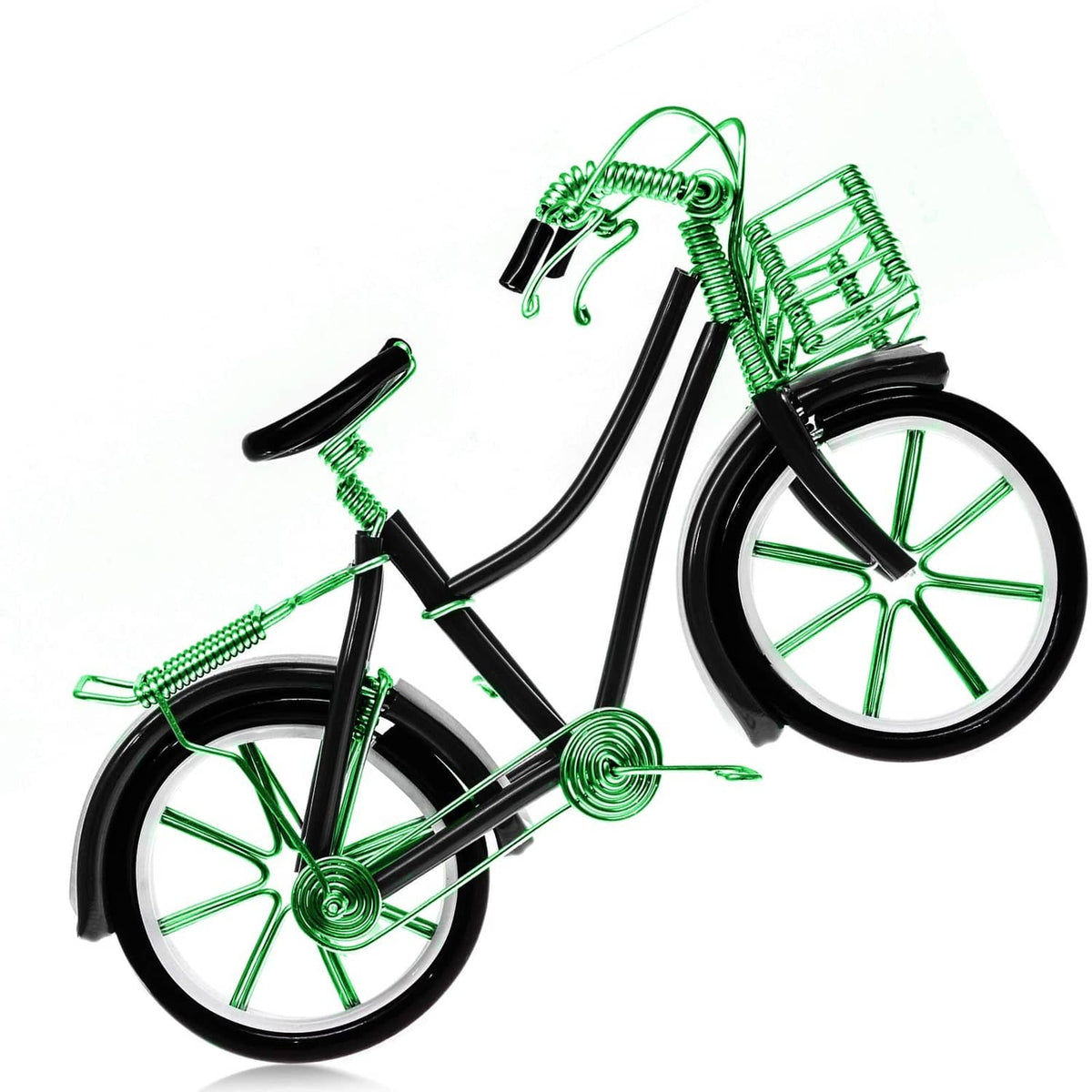 Green aluminum wire bicycle sculpture with coiled frame, handlebars, and front wheel