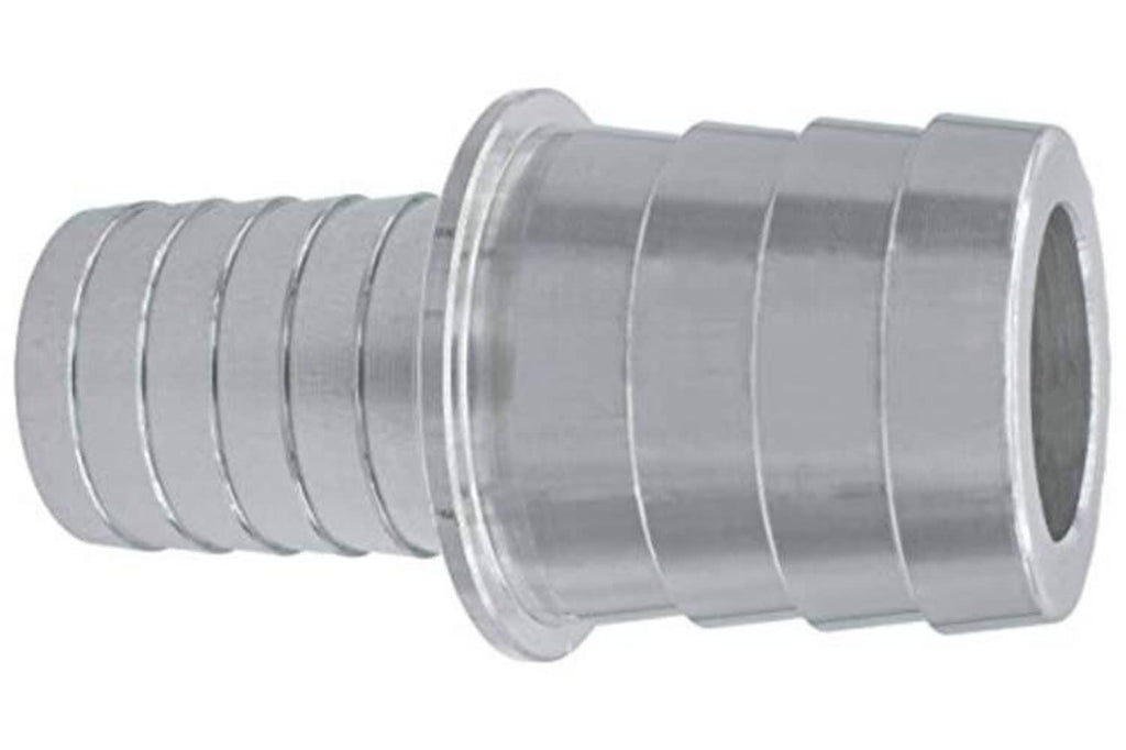 Stainless steel hose barb coupler reducer, flanged collar and ribbed barb section