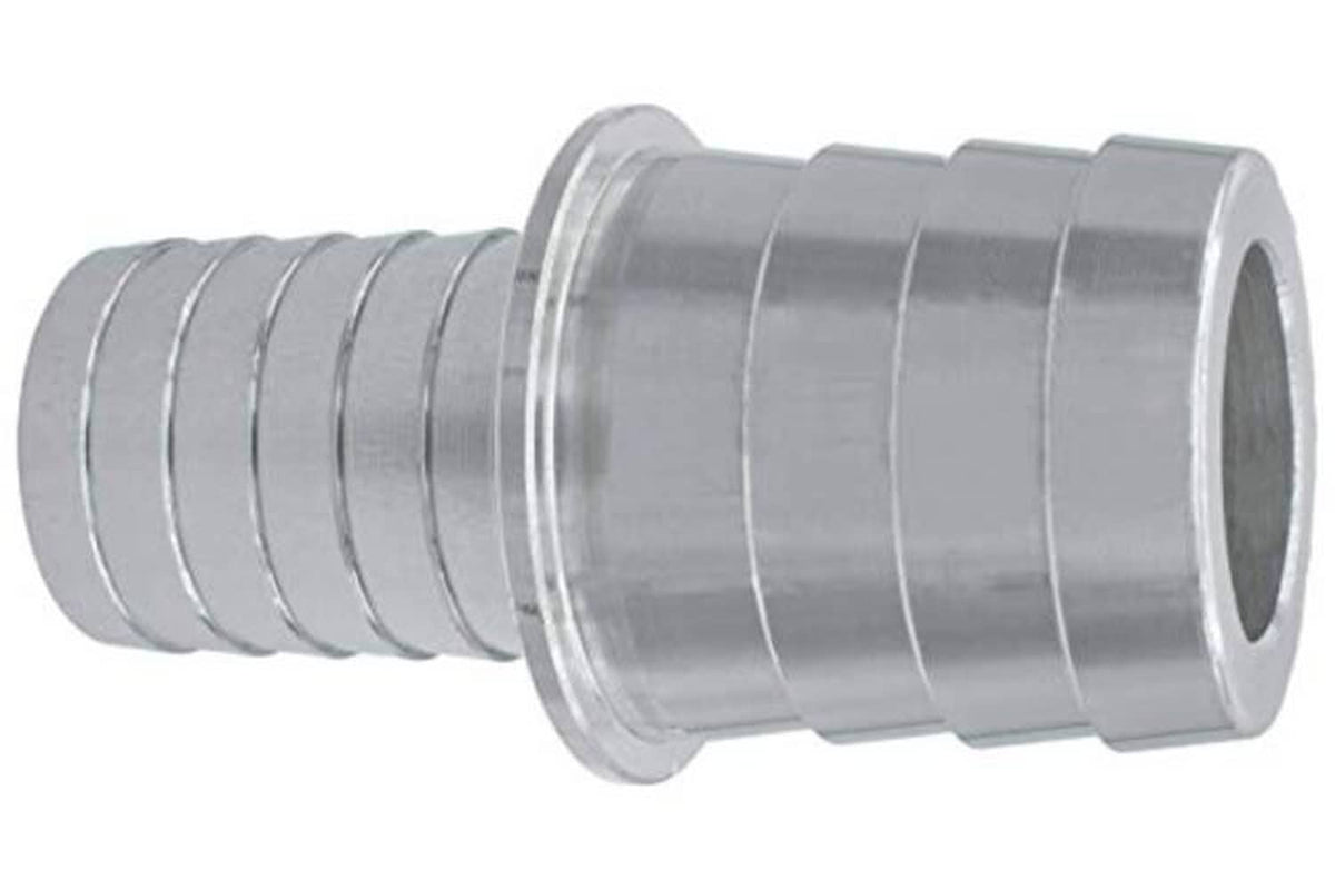 Stainless steel hose barb coupler reducer, flanged collar and ribbed barb section