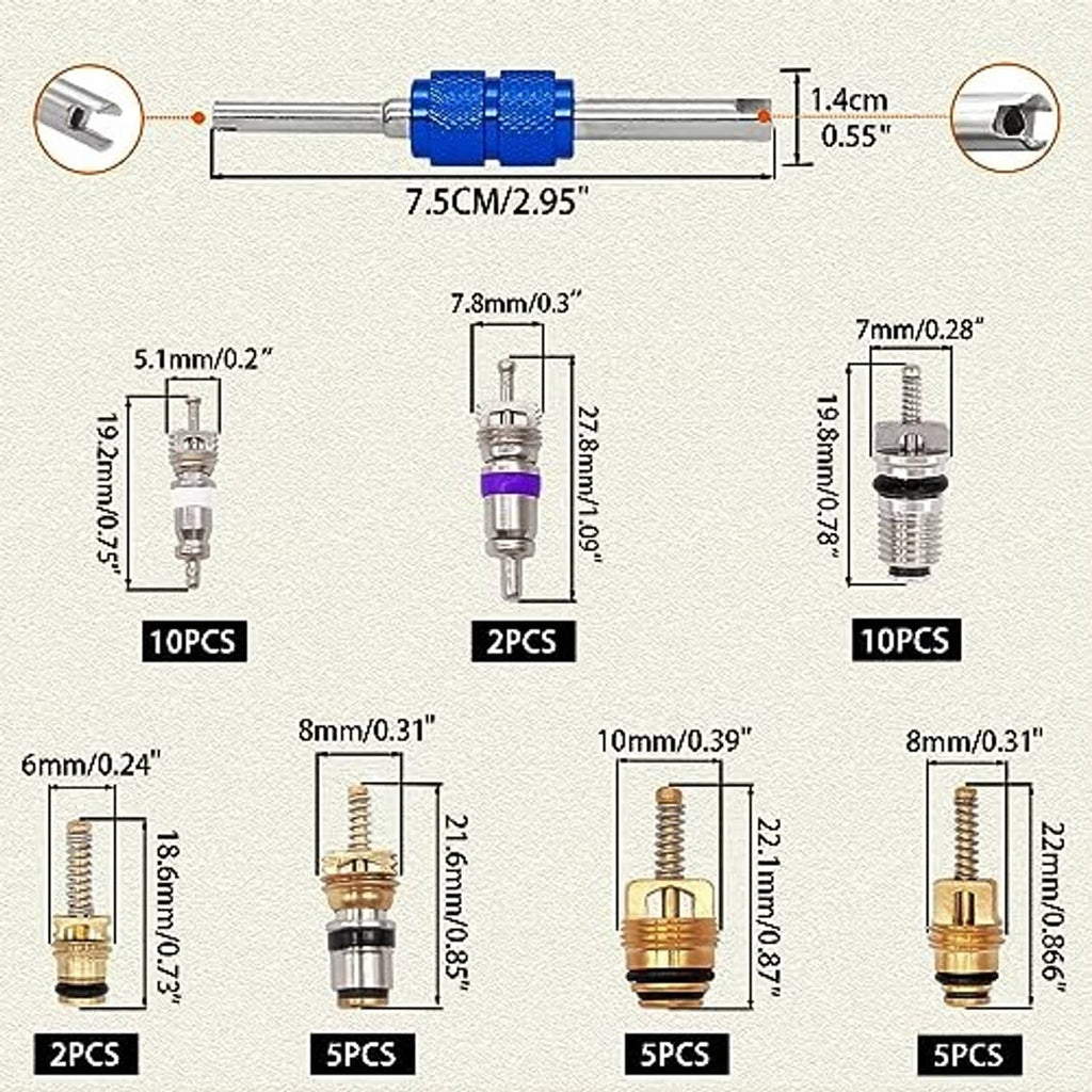 Assorted A/C valve core fittings and O-rings with size measurement diagram