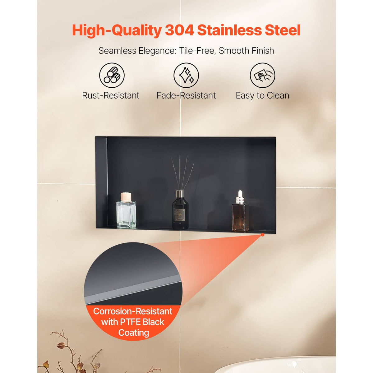Black stainless steel shower niche recessed shelf for bathroom storage