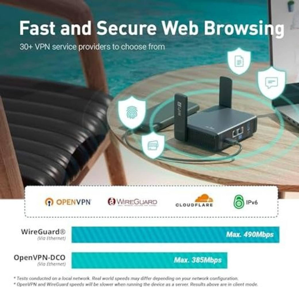 Black travel router with dual antennas and connected web-browsing security icons