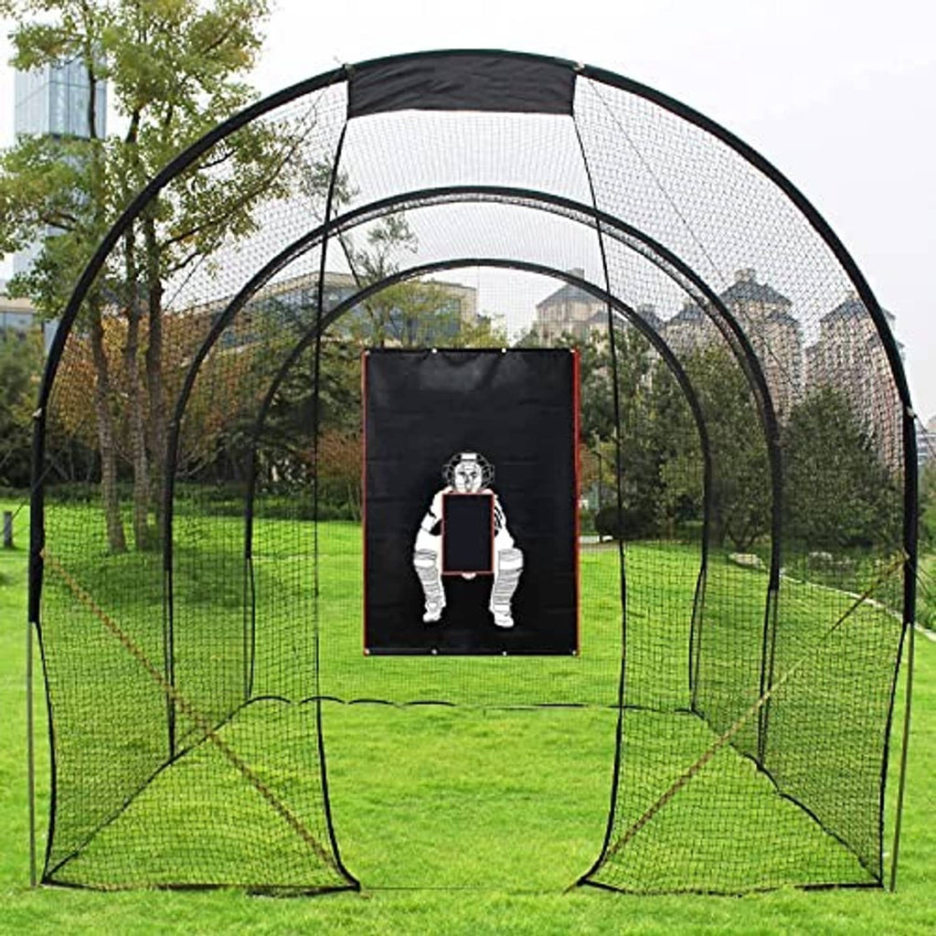 Outdoor baseball batting net cage with black frame and strike zone target panel