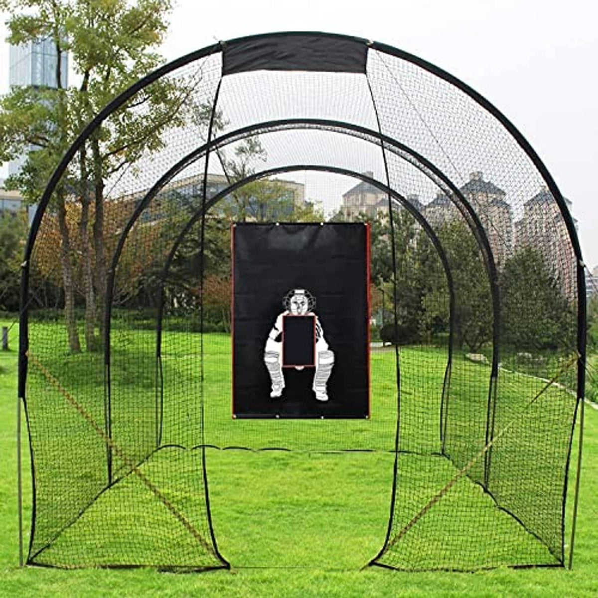 Outdoor baseball batting net cage with black frame and strike zone target panel