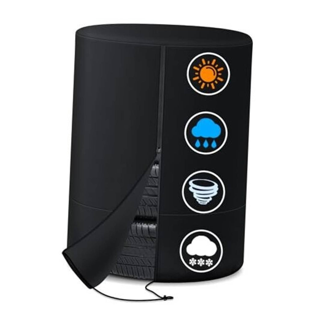 Black 600D tire storage cover with side zipper and access opening, for outdoor storage