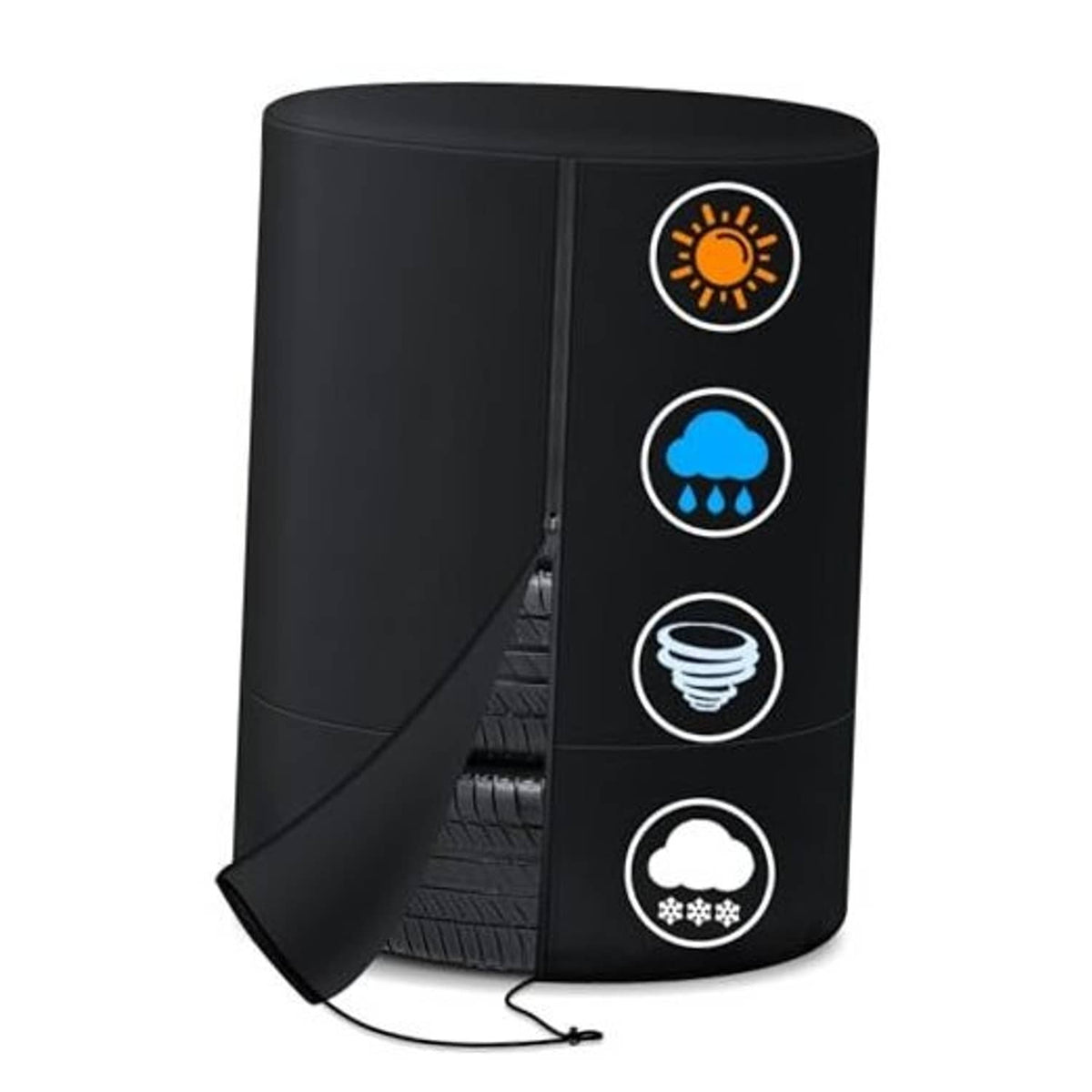 Black 600D tire storage cover with side zipper and access opening, for outdoor storage