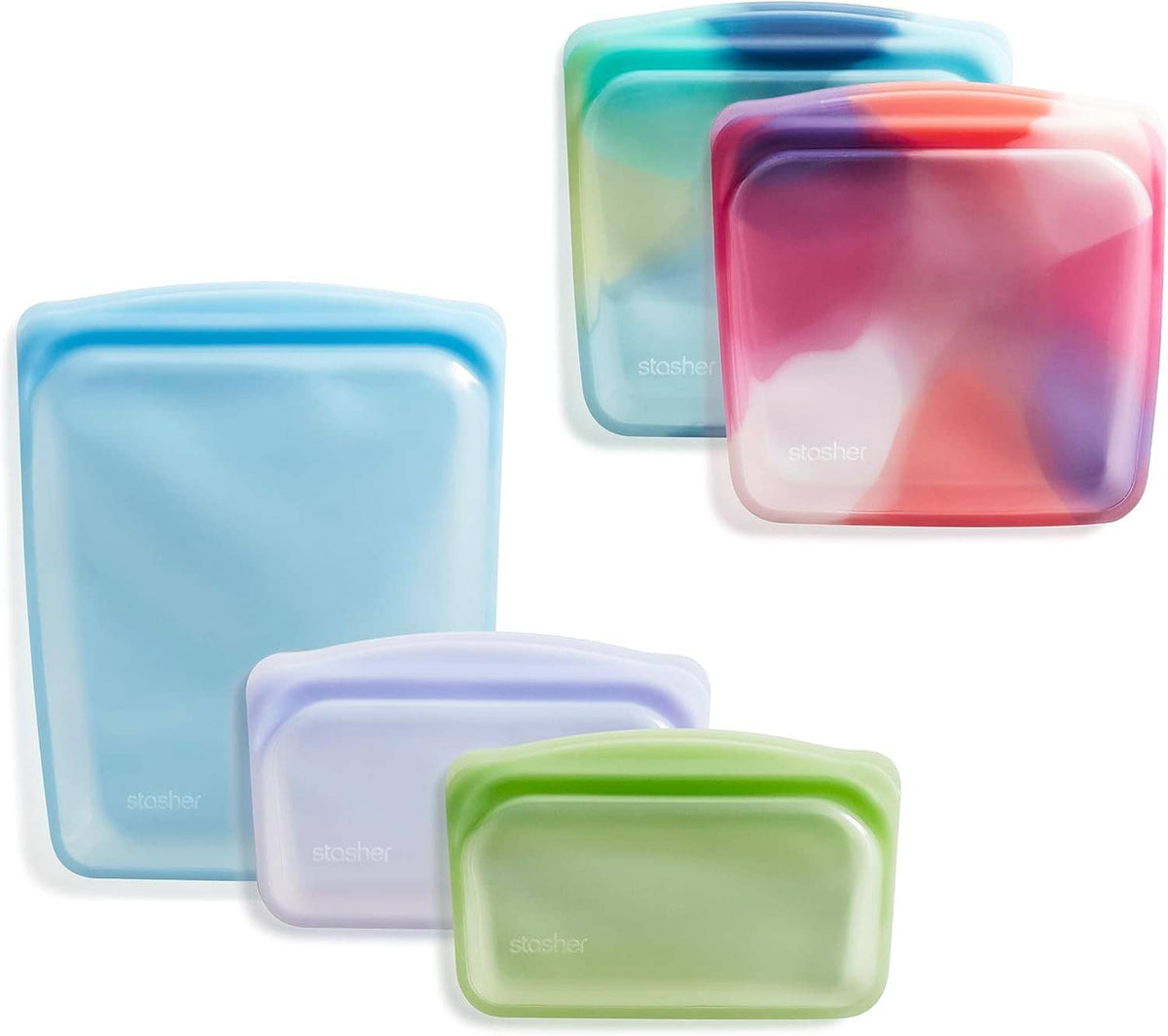 Five tie-dye reusable silicone food storage bags, rectangular with pinch-seal lids