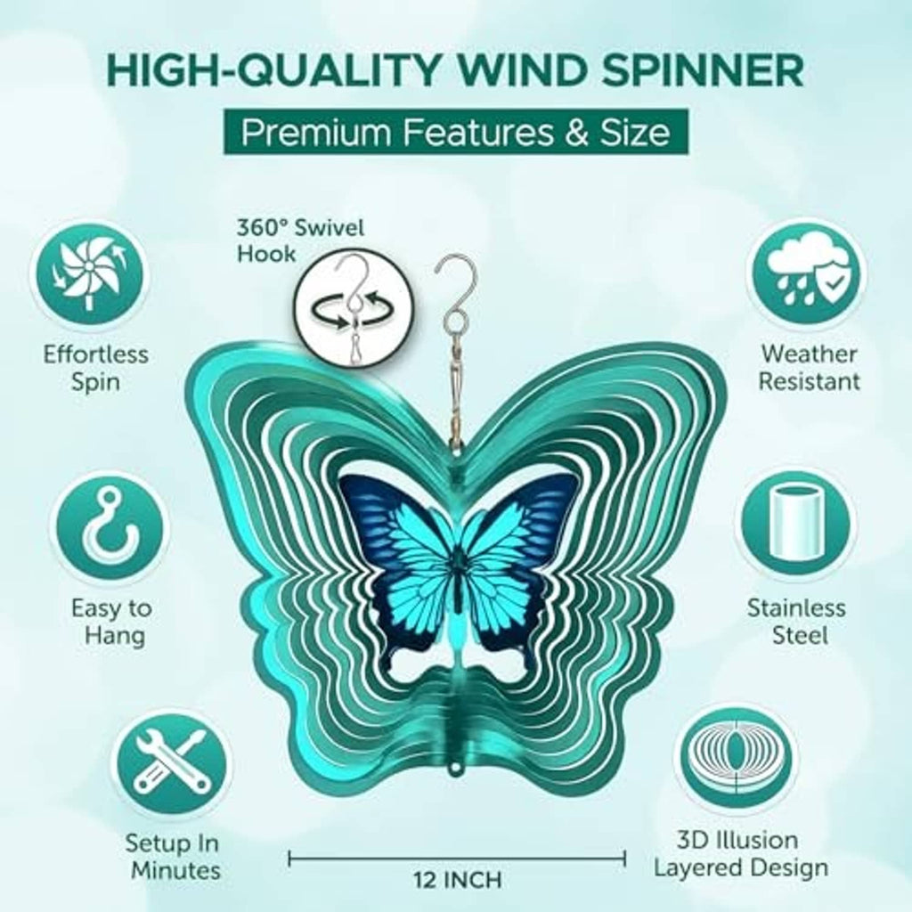 Turquoise butterfly wind spinner, 12-inch layered metal design with stainless hook