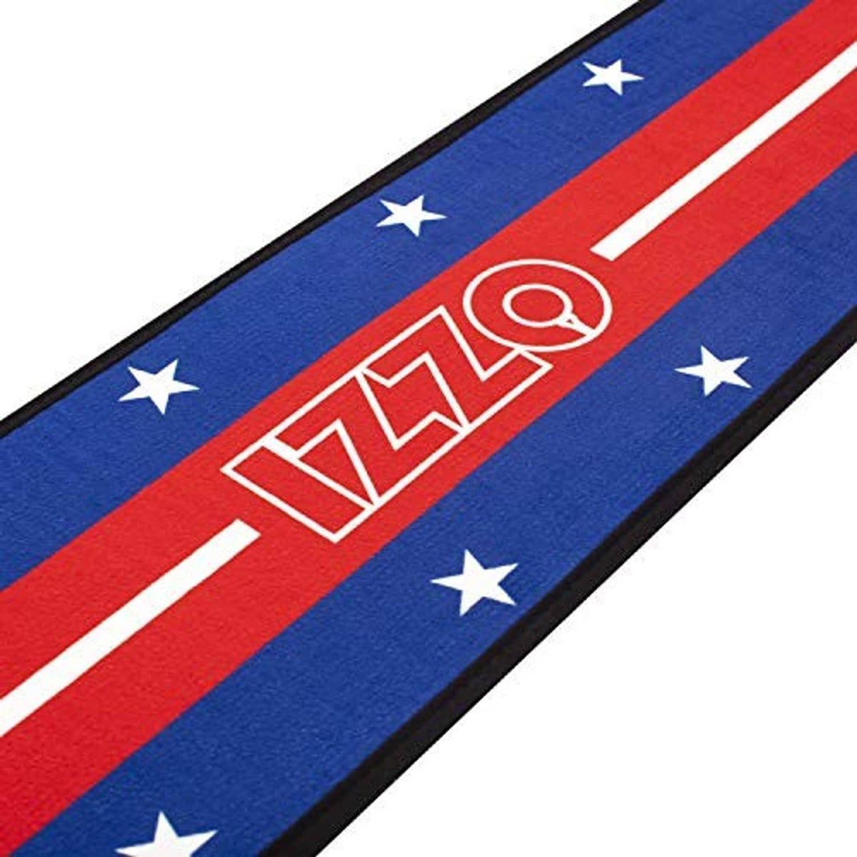 Golf putting mat blue felt close-up with red stripe, white lines, and star graphics.