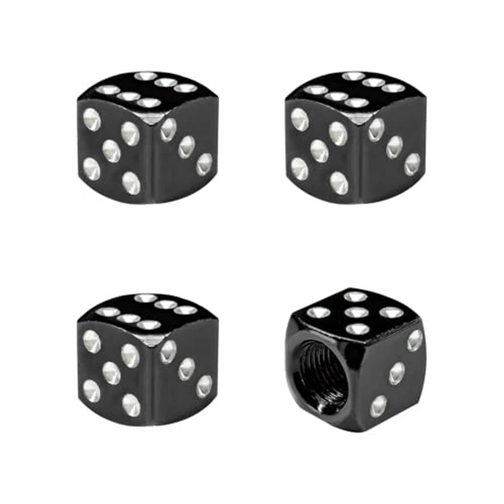 Dice-shaped black valve stem caps with silver dots, one shown with threaded end, set of 4