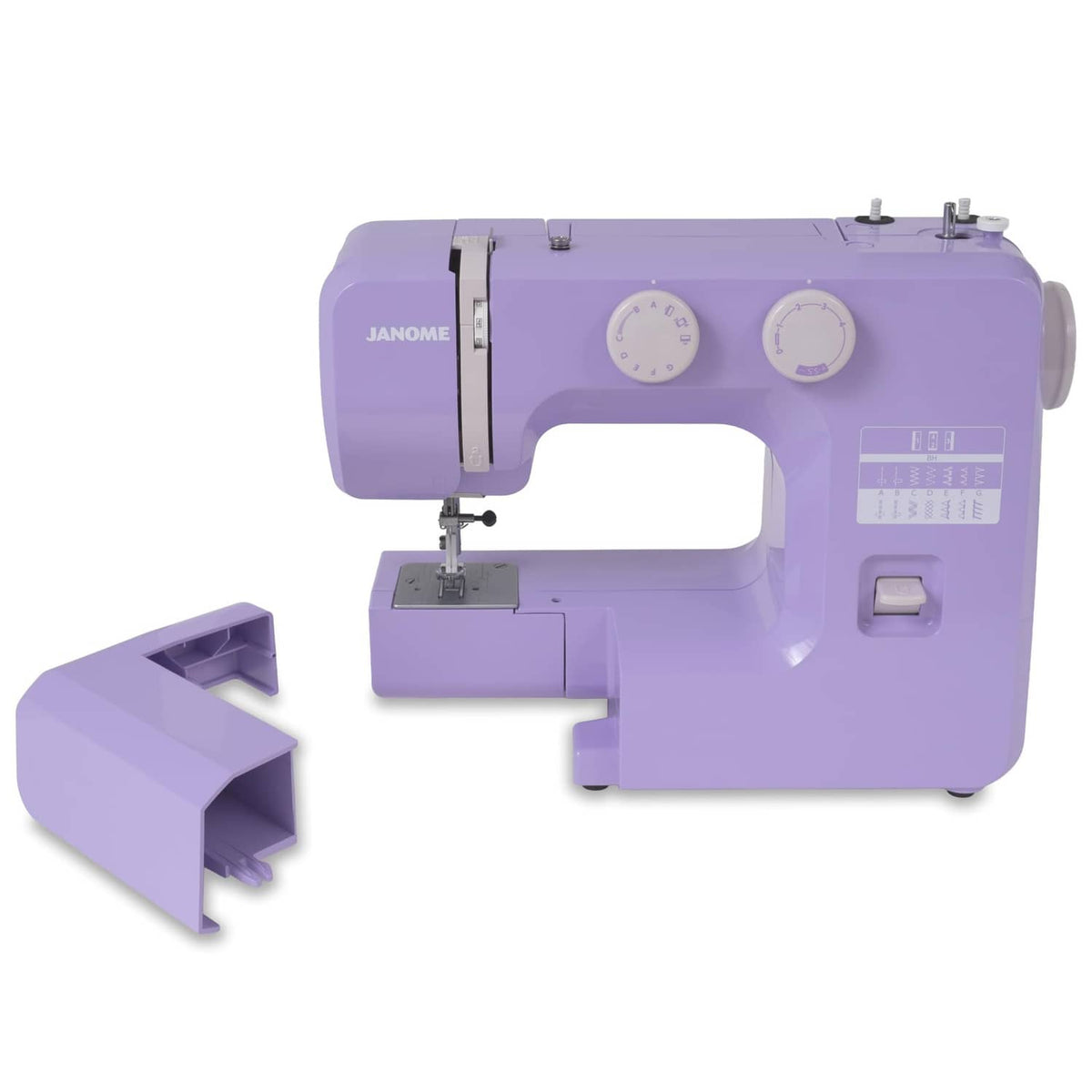 Purple Janome sewing machine with stitch plate and left-side accessory tray
