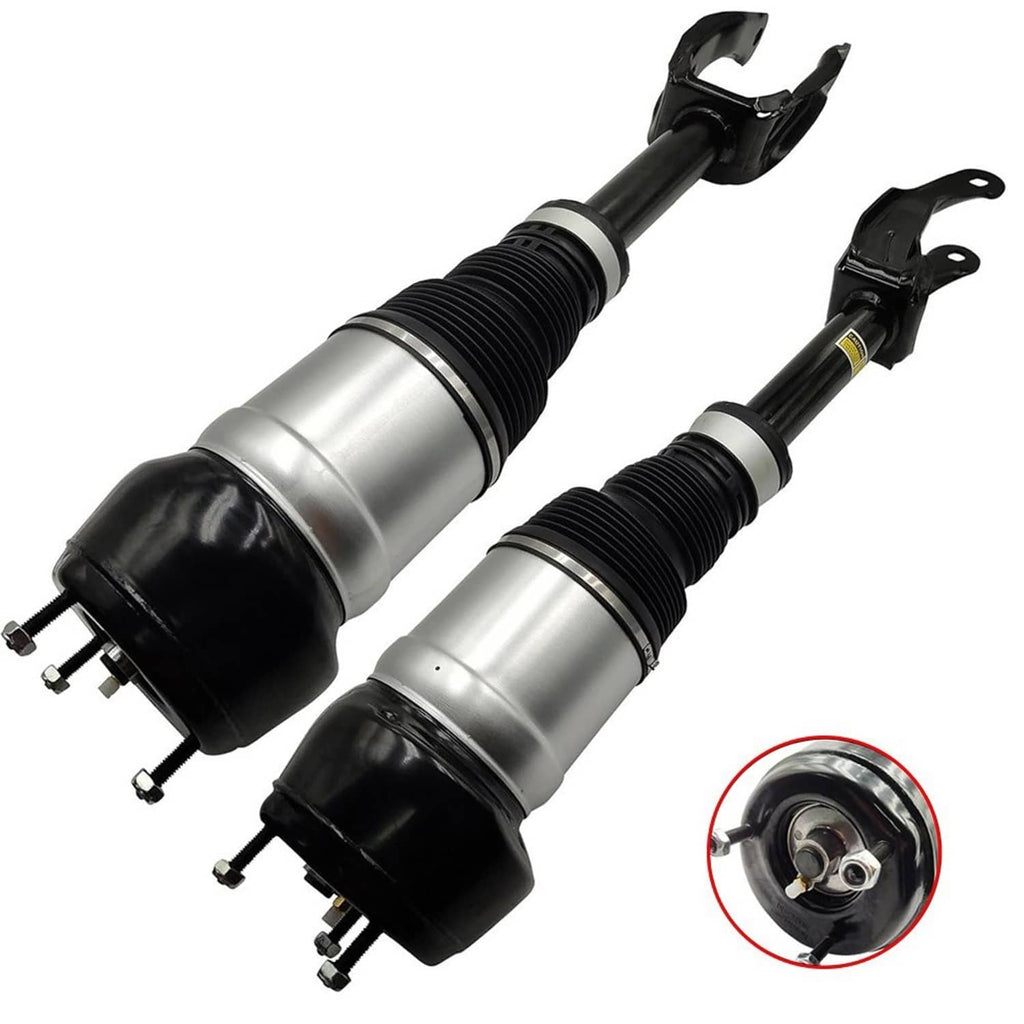 Pair of front air suspension shock struts with black caps and silver cylinders