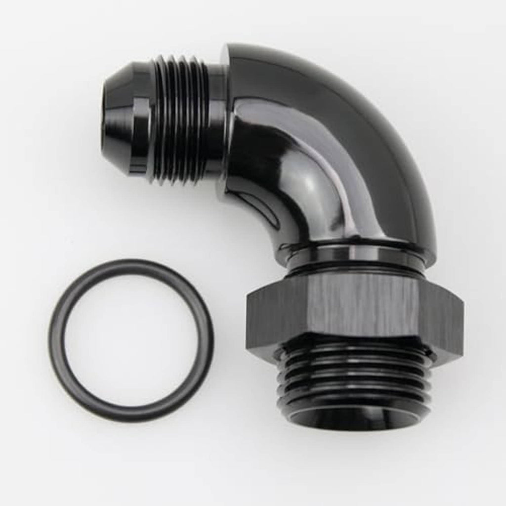 Black 90-degree AN ORB fitting with O-ring, male threads and curved elbow profile