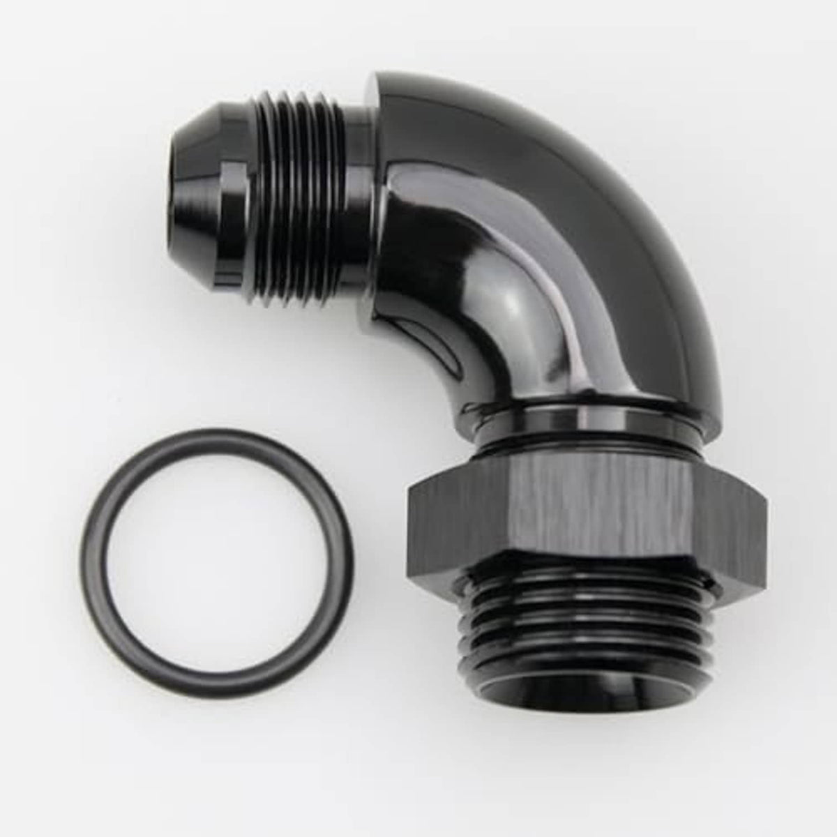 Black 90-degree AN ORB fitting with O-ring, male threads and curved elbow profile