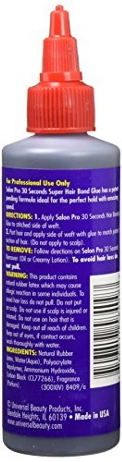 Salon Pro 30 Second bonding glue bottle back with ingredient and use directions