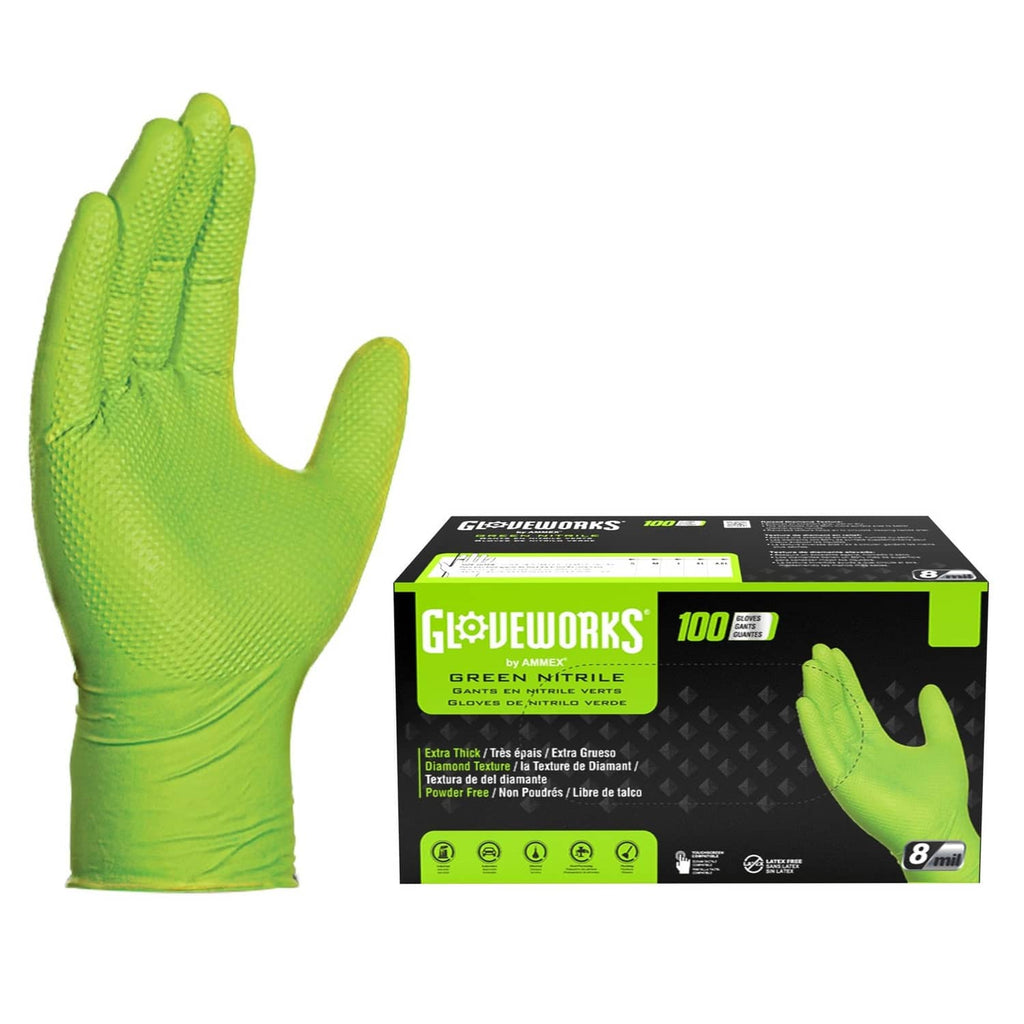 Green nitrile work glove with textured grip, single glove close-up
