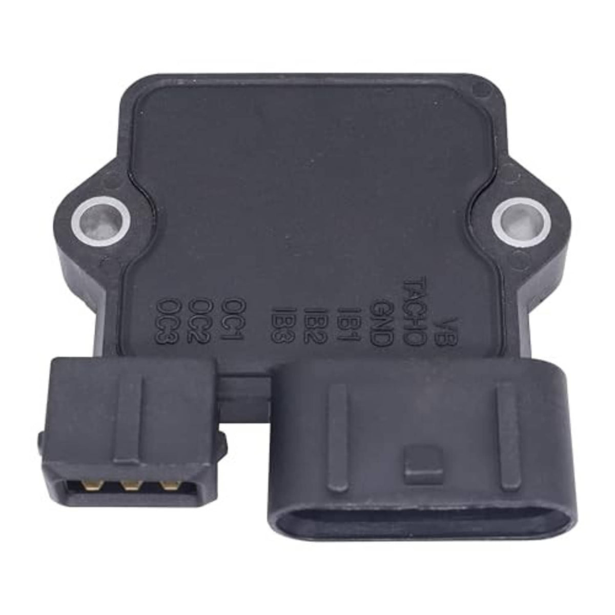 Black ignition control module with printed markings, mounting tabs, and plug connector