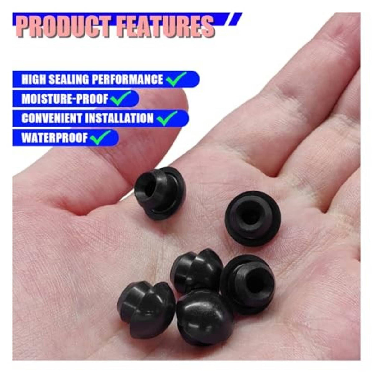 Black rubber jack plugs in palm, showing multiple pieces
