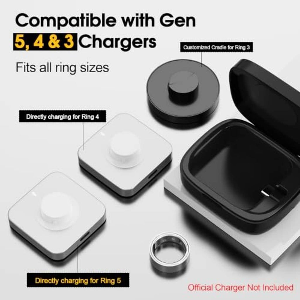 Black and white wireless charging case pair with ring charging cradle components