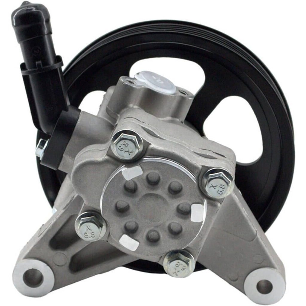 Power steering pump front view with black pulley and gray hydraulic housing