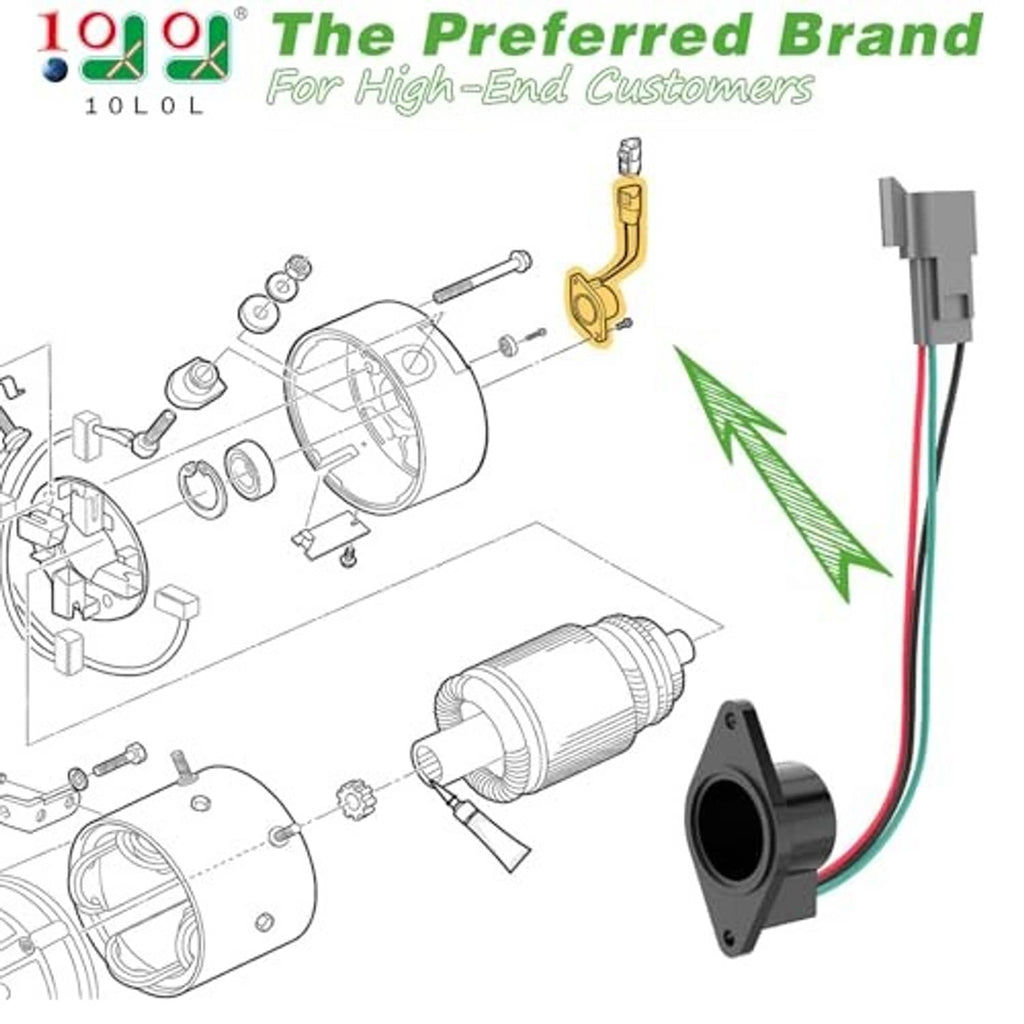 Golf cart speed sensor with magnet, shown with connector wires and sensor mounting plate