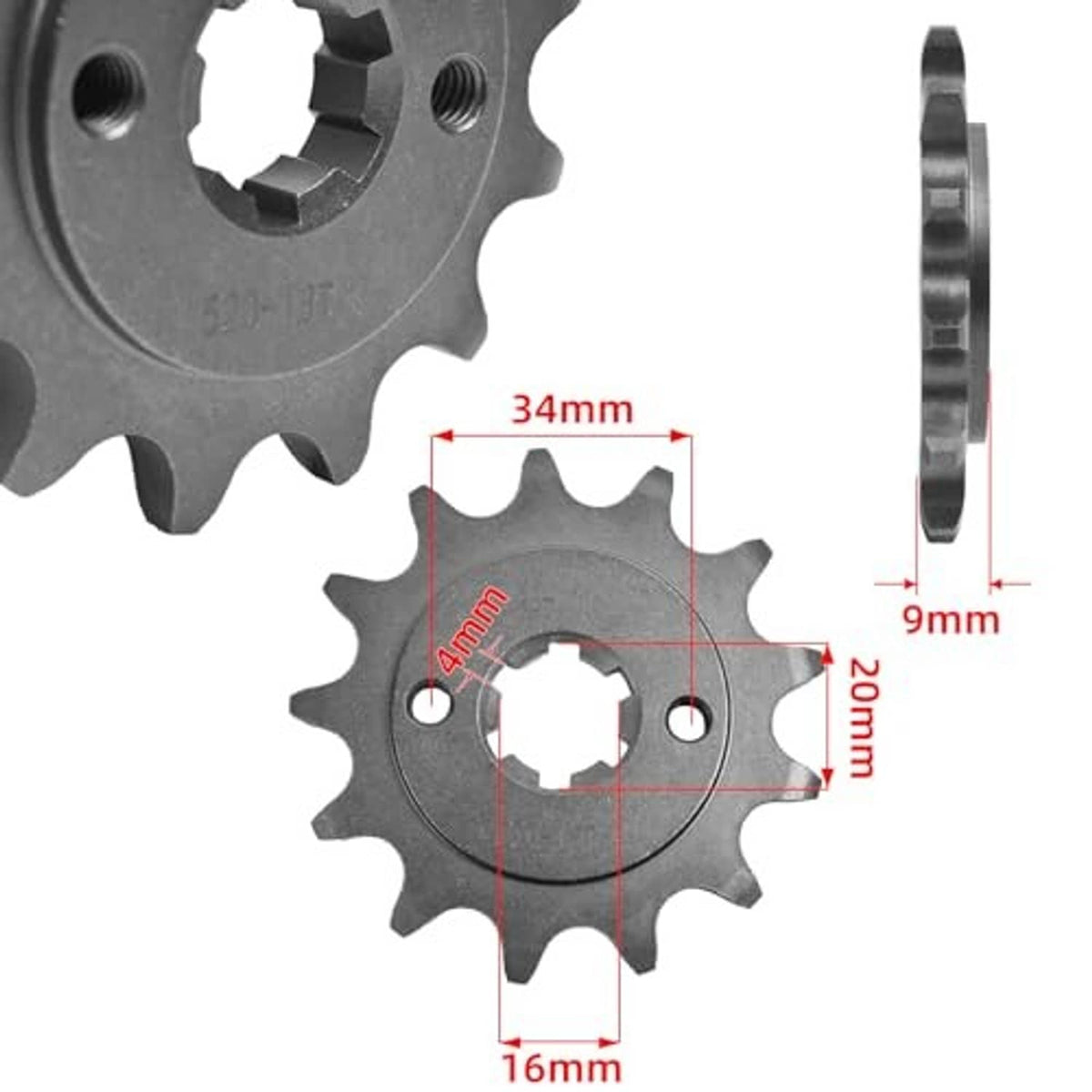 Front sprocket gear showing measurements, center spline and mounting holes, dark steel