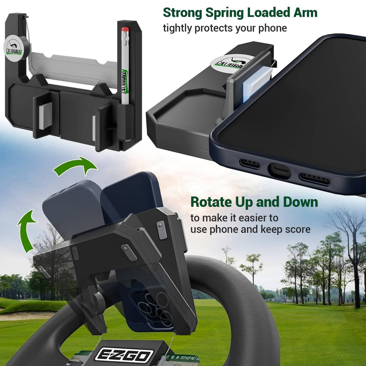 Black steering wheel phone mount with spring-loaded arm and protective phone holder