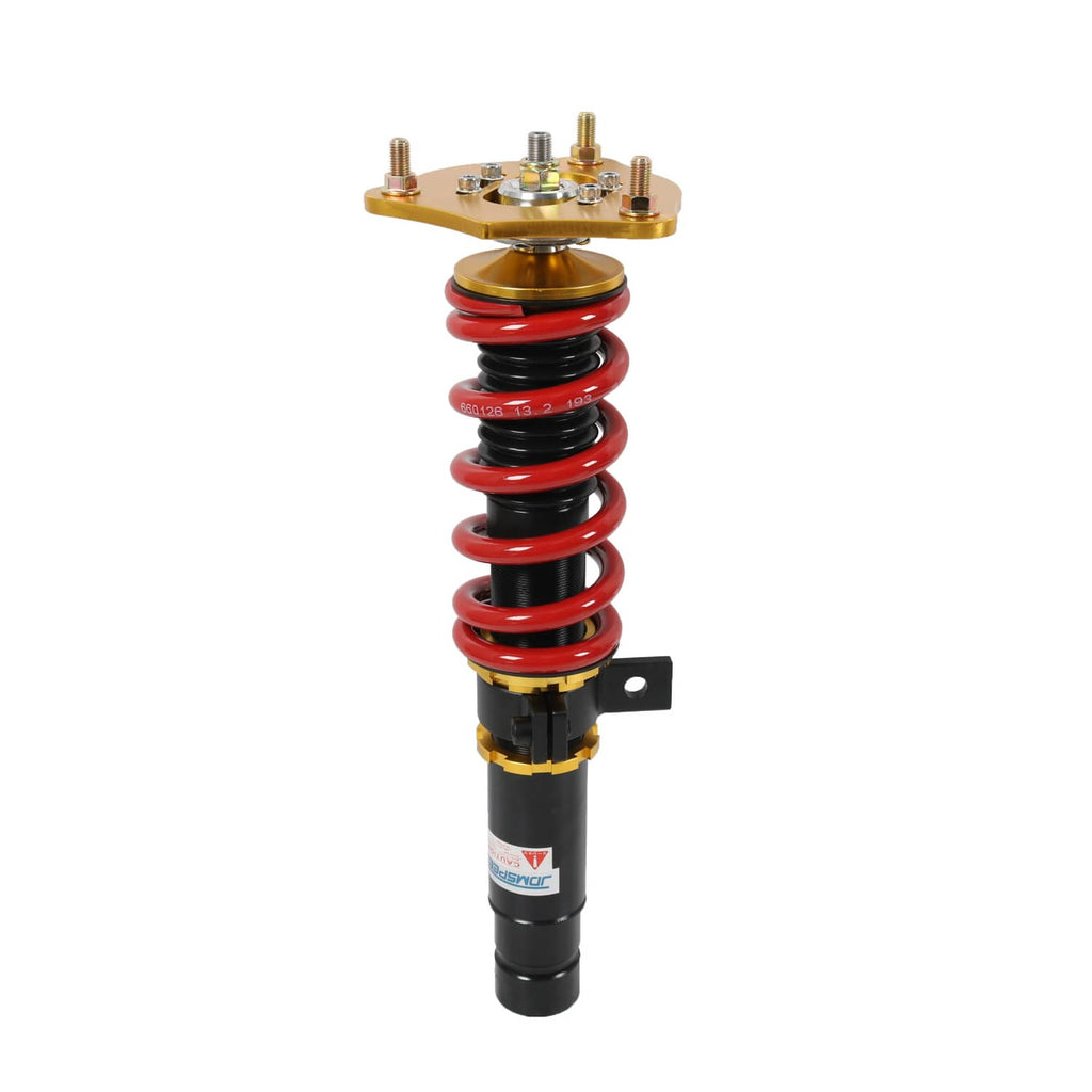 Coilover strut with red spring and black shock body, gold upper mount plate