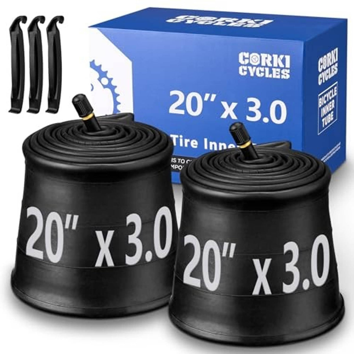 Pair of black inner tubes, each with Schrader valve, marked 20 x 3.0
