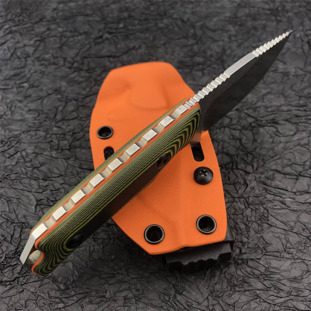 Fixed blade knife with orange Kydex sheath and green handle, blade angled with liner